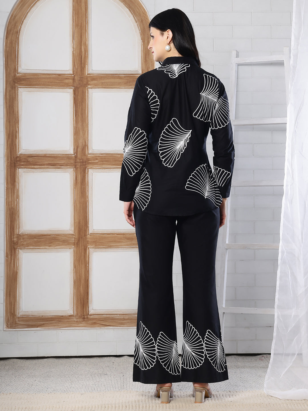 Black Embroidered Shirt Collar Co-ord Set | Claura
