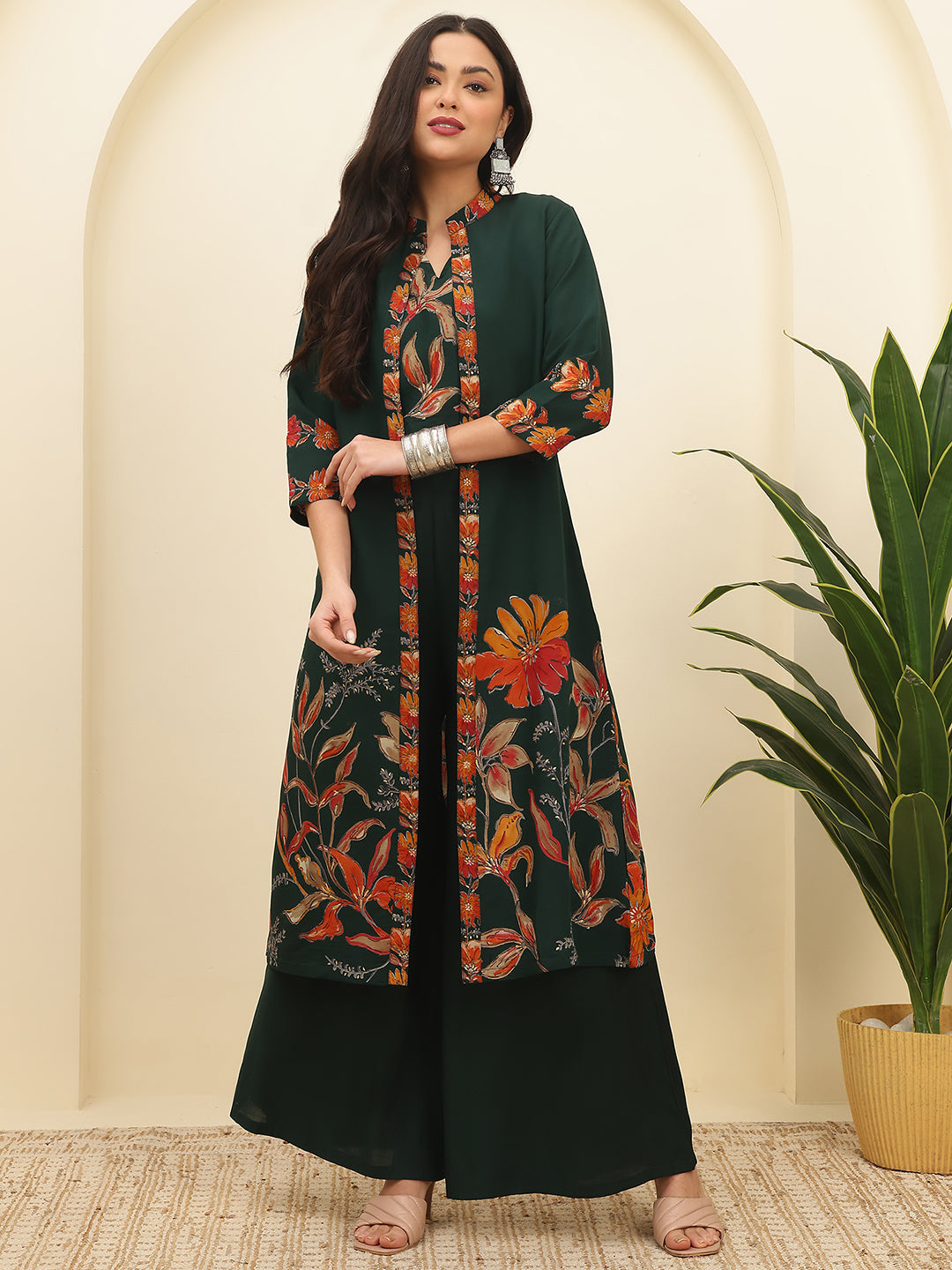 Green Co-Ord Set with matching trousers and floral tunic top