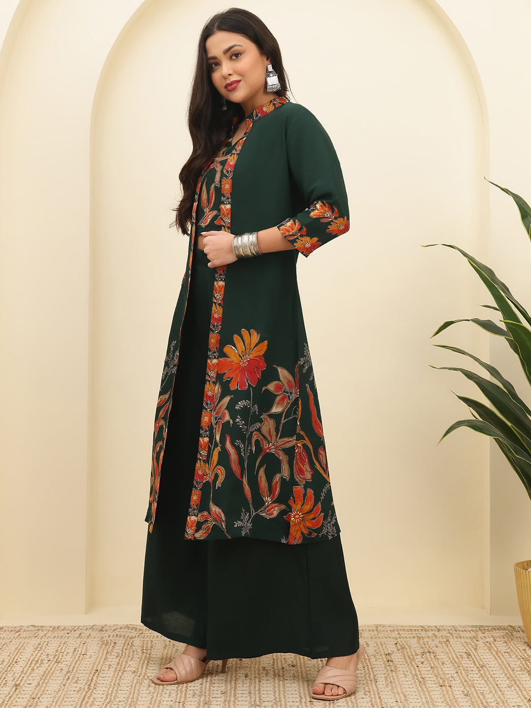 Green Floral Printed Chanderi Silk Co-Ord Set for Women | Claura