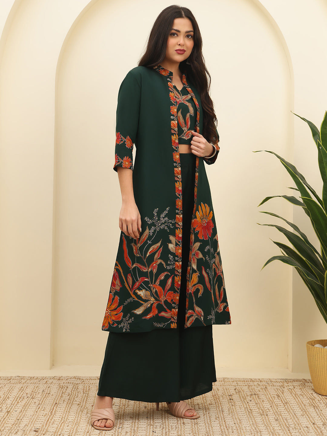 Green Floral Printed Chanderi Silk Co-Ord Set for Women | Claura