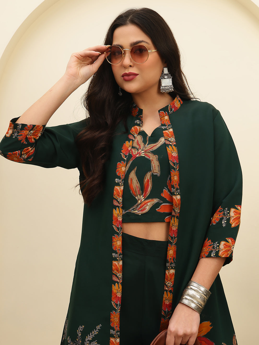 Close-up of Chanderi Silk fabric on Green Co-Ord Set