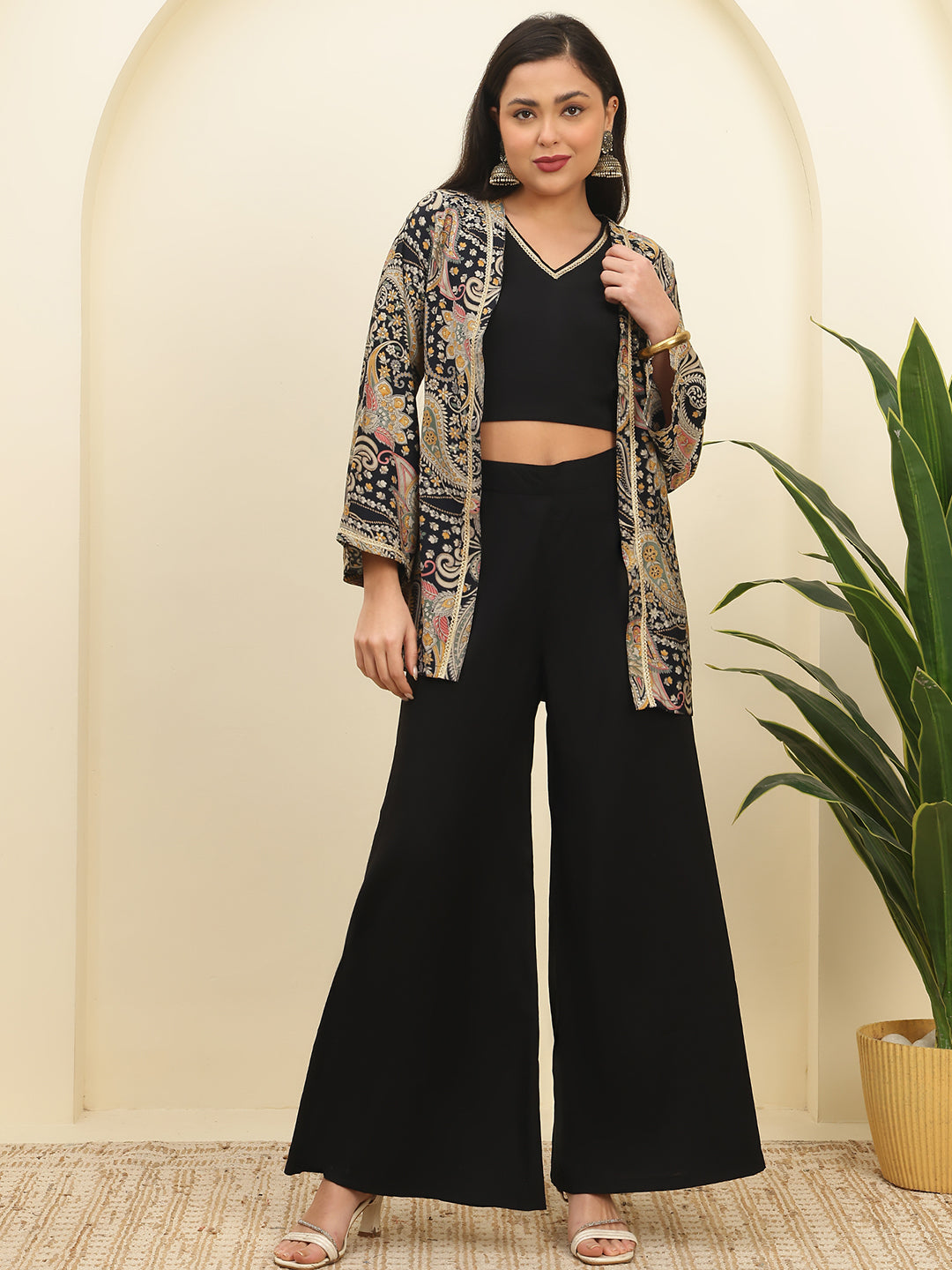 Black Ethnic Chanderi Silk Co-Ord Set for Women With Jacket | Claura
