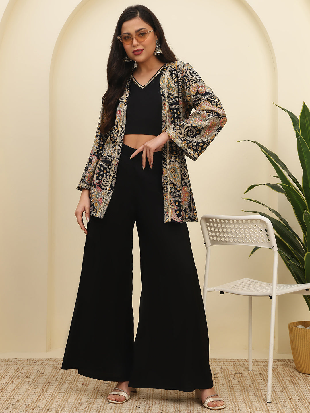 Black Ethnic Chanderi Silk Co-Ord Set for Women With Jacket | Claura