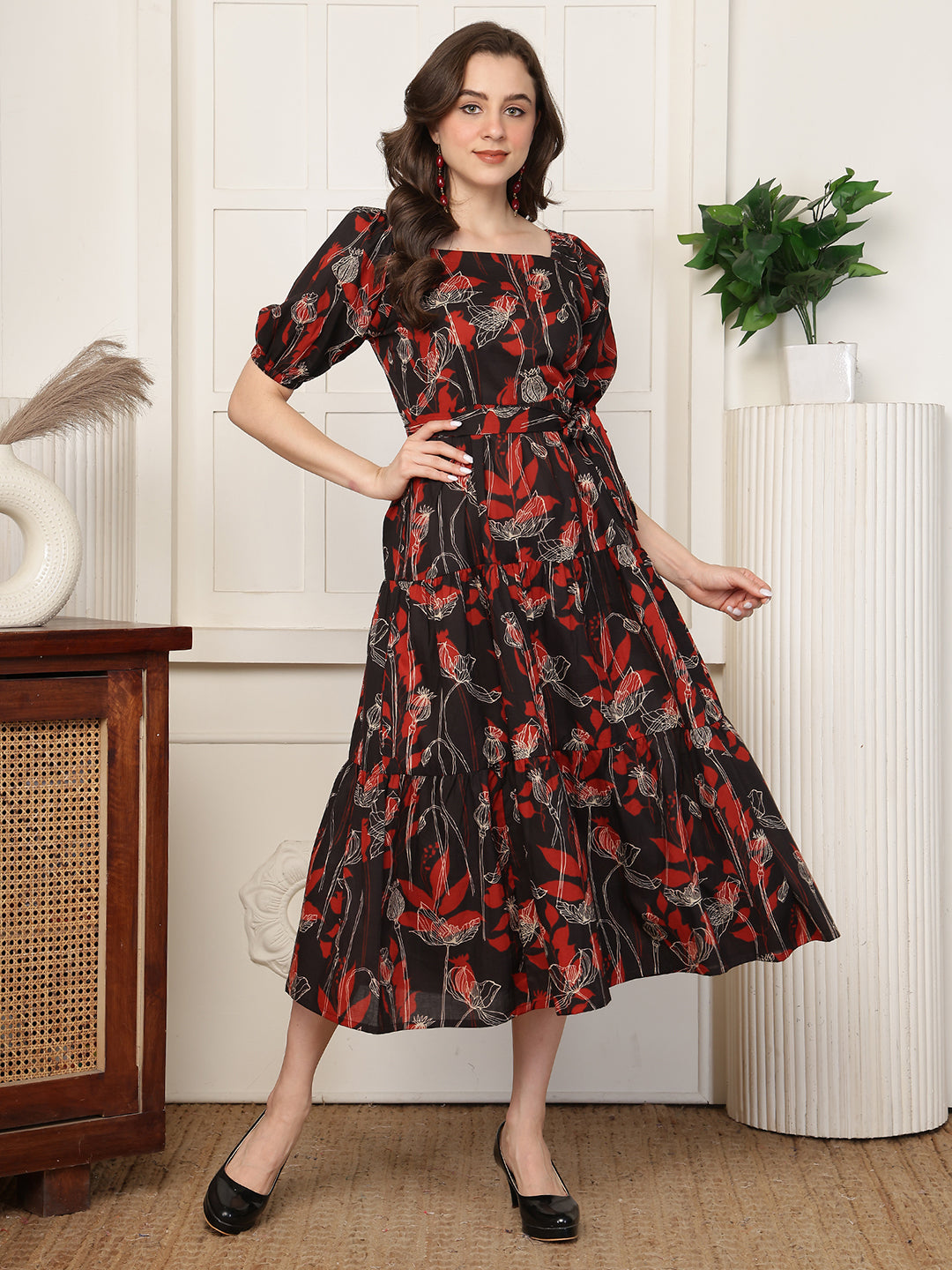 Red Floral Print Cotton Square Neck A-Line Midi Dress | Claura
