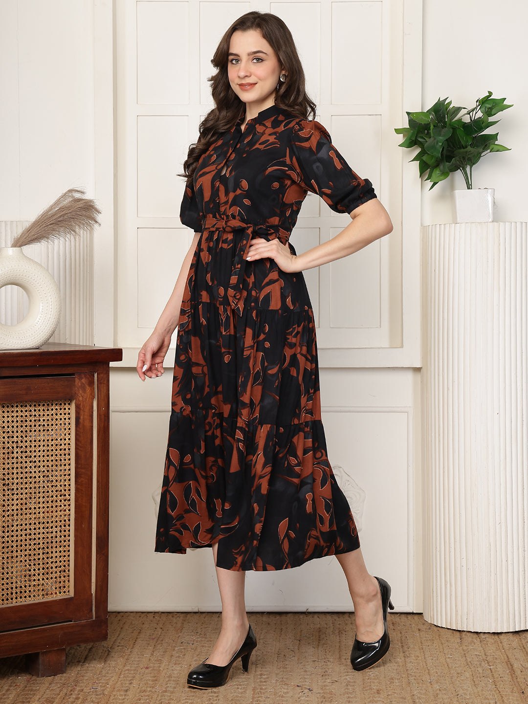 Black Abstract Print Cotton Mandarin Collar A-Line Midi Dress | Claura