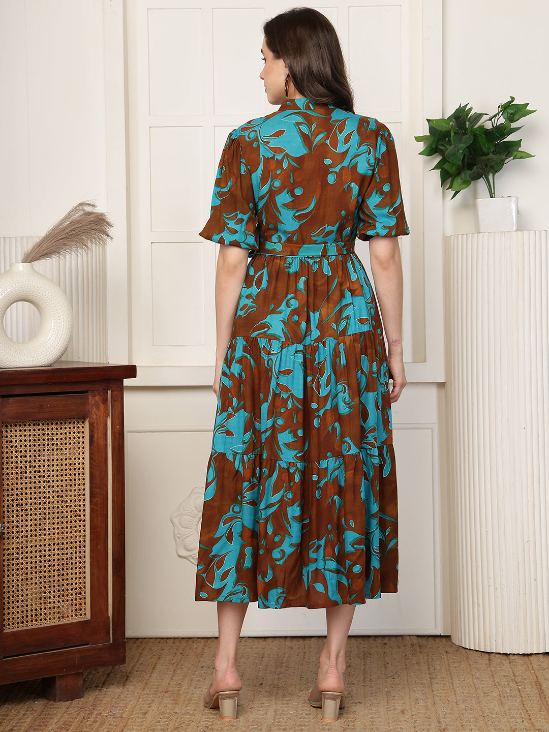 Green Abstract Print Cotton Mandarin Collar A-Line Midi Dress | Claura