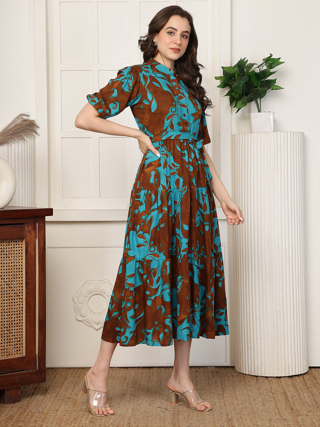 Green Abstract Print Cotton Mandarin Collar A-Line Midi Dress | Claura