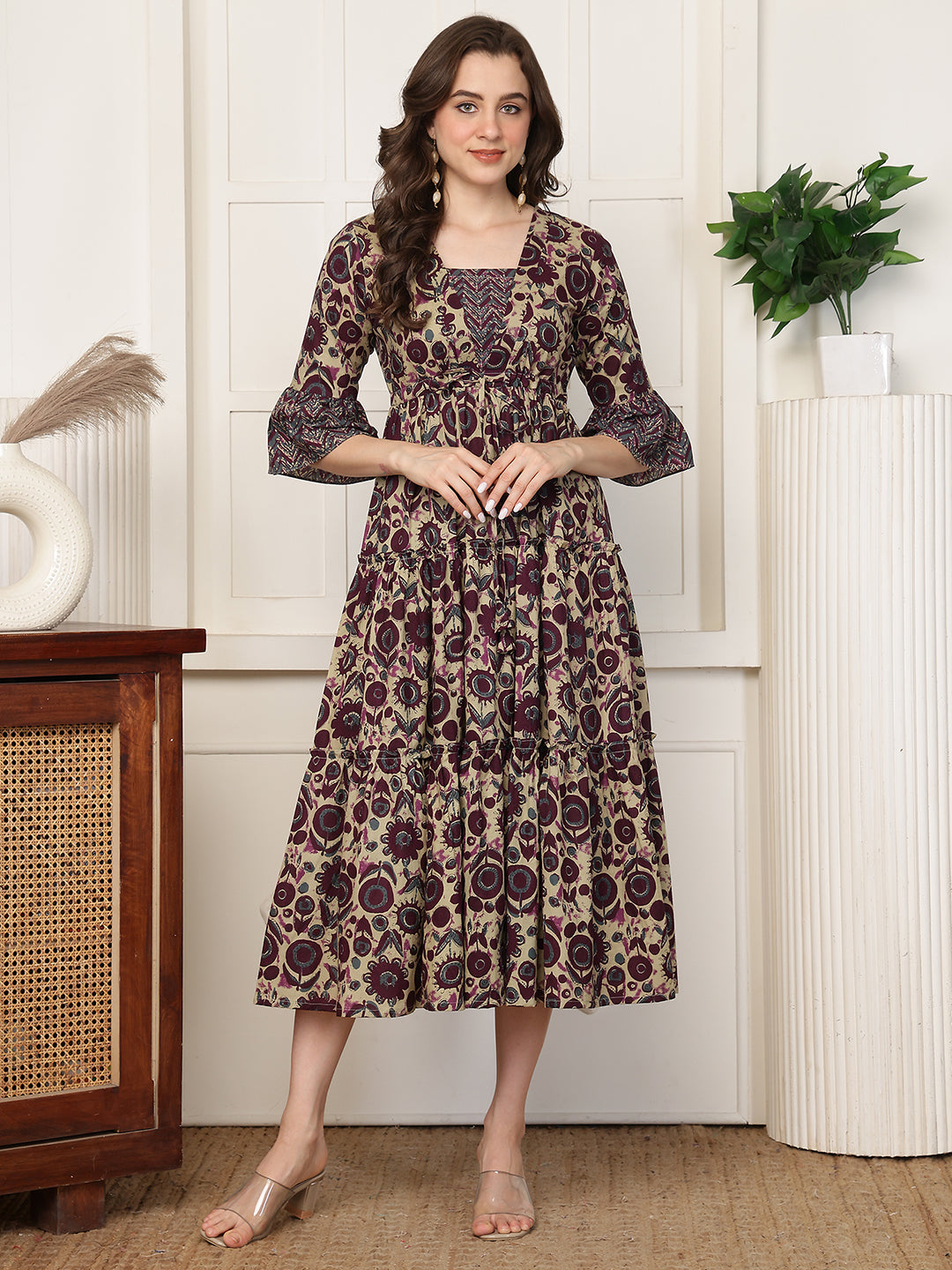 Maroon Floral Print Flared Sleeve A-Line Midi Dress | Claura