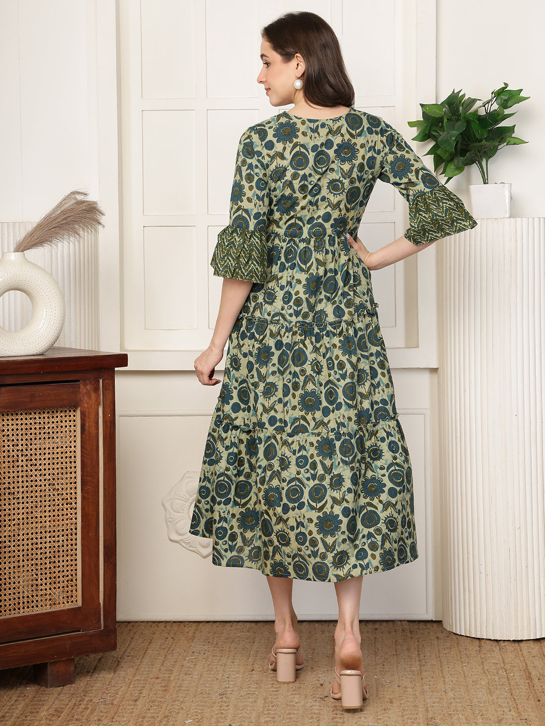 Green Floral Printed Square Neck A-Line Midi Dress | Claura