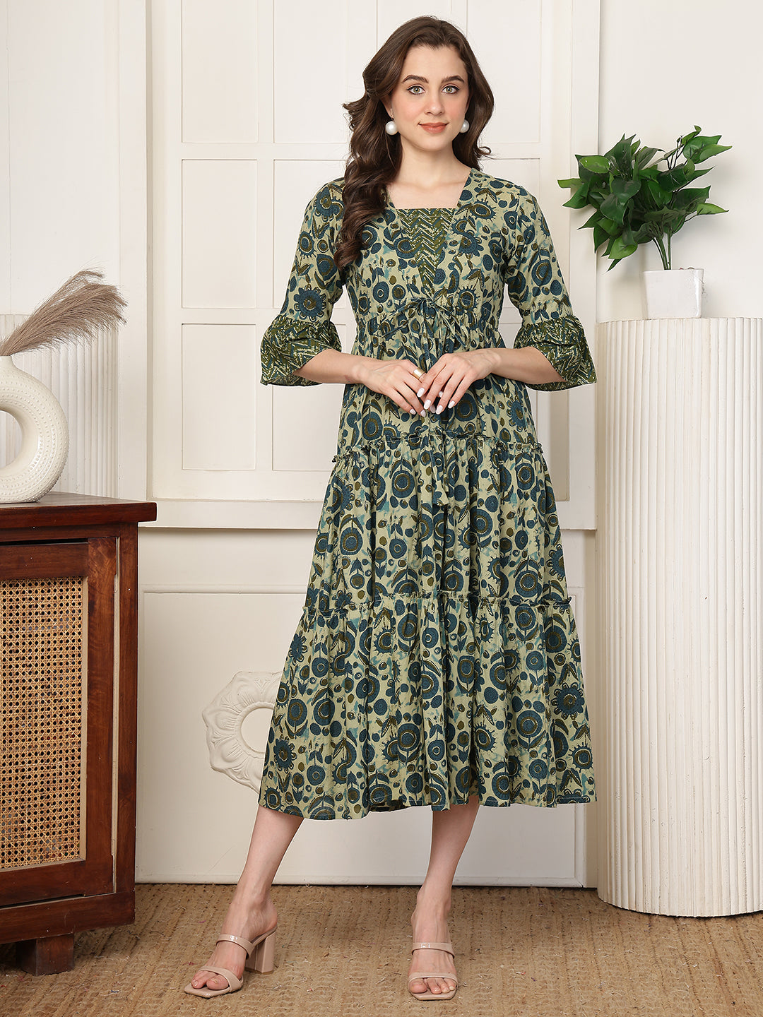 Green Floral Printed Square Neck A-Line Midi Dress | Claura
