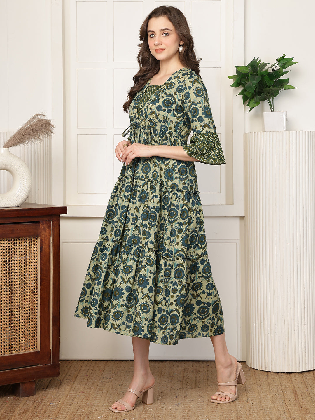 Green Floral Printed Square Neck A-Line Midi Dress | Claura