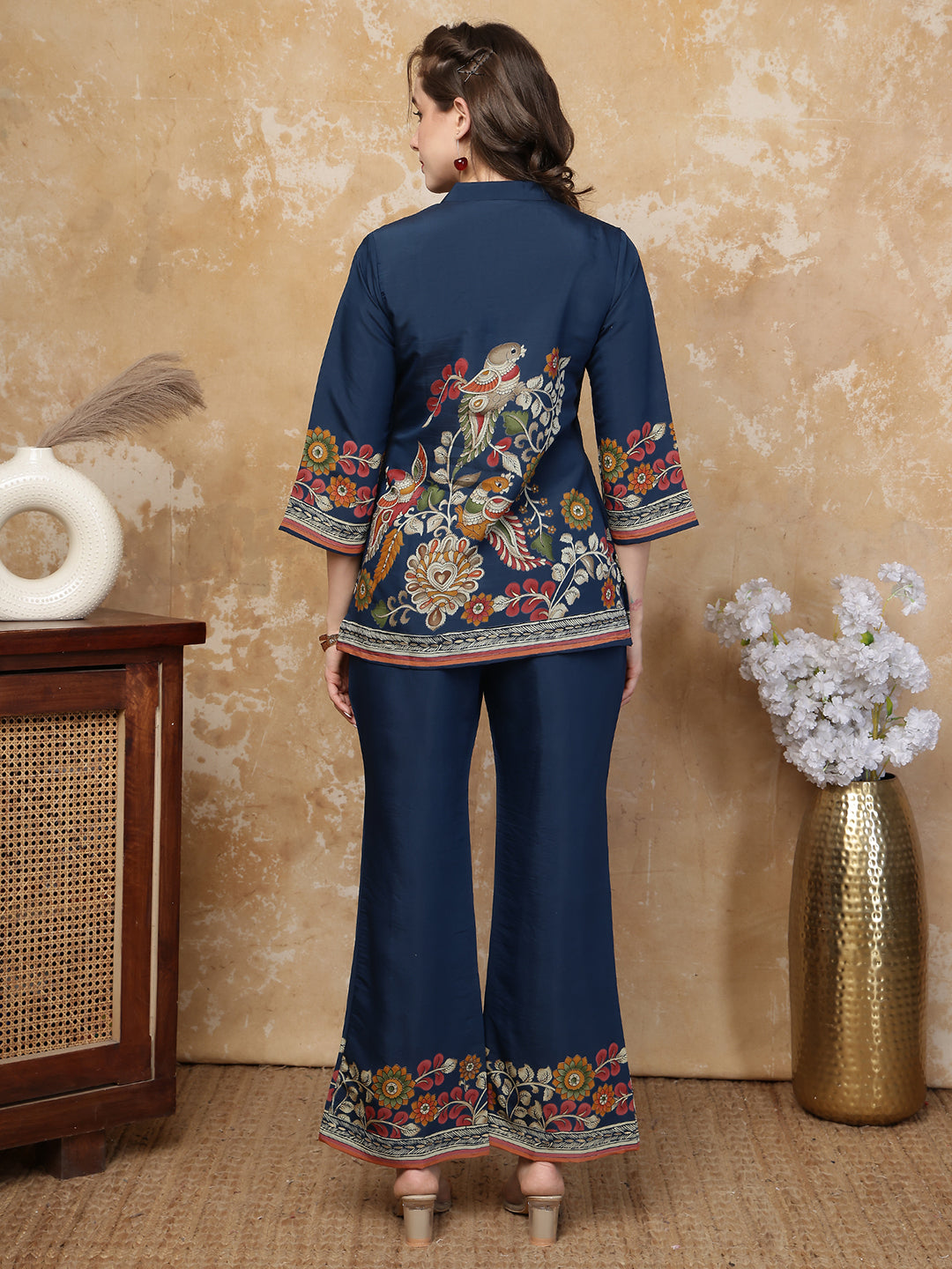 Navy Blue Bohemian Bird & Floral Printed Silk Tunic with Printed Palazzos | Claura