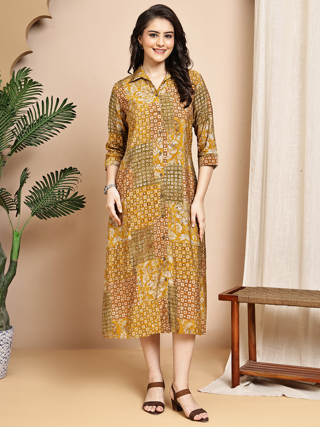 Mustard Colour Abstract Printed Premium Chanderi Dress For Women
