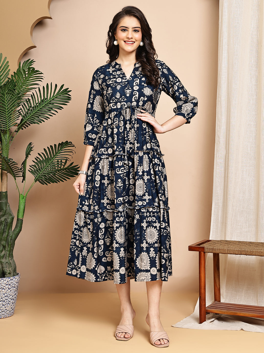 Navy blue ethnic dress with 3/4th sleeves and round neck