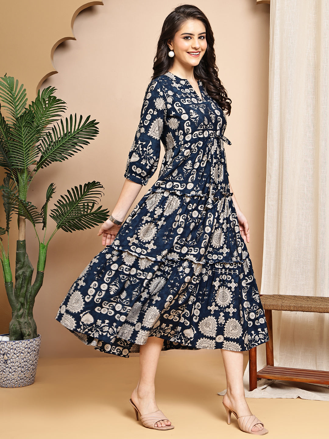 Navy Blue Chanderi Abstract Printed Dress for Women | Claura
