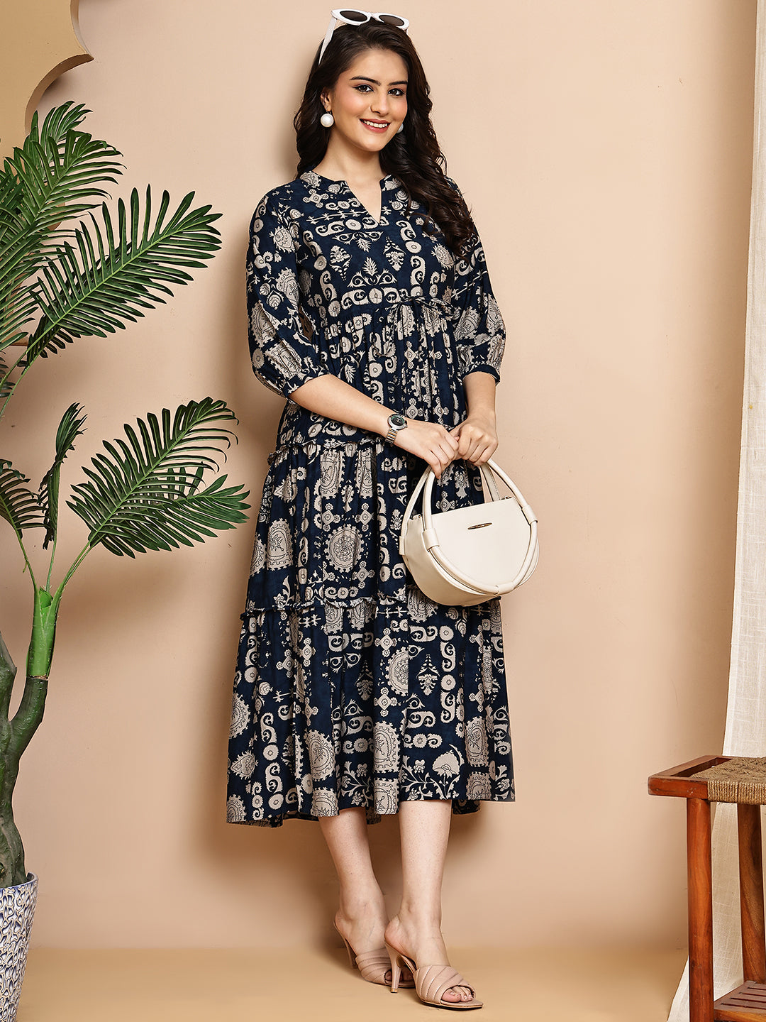 Lifestyle shot of abstract printed ethnic Chanderi dress for women