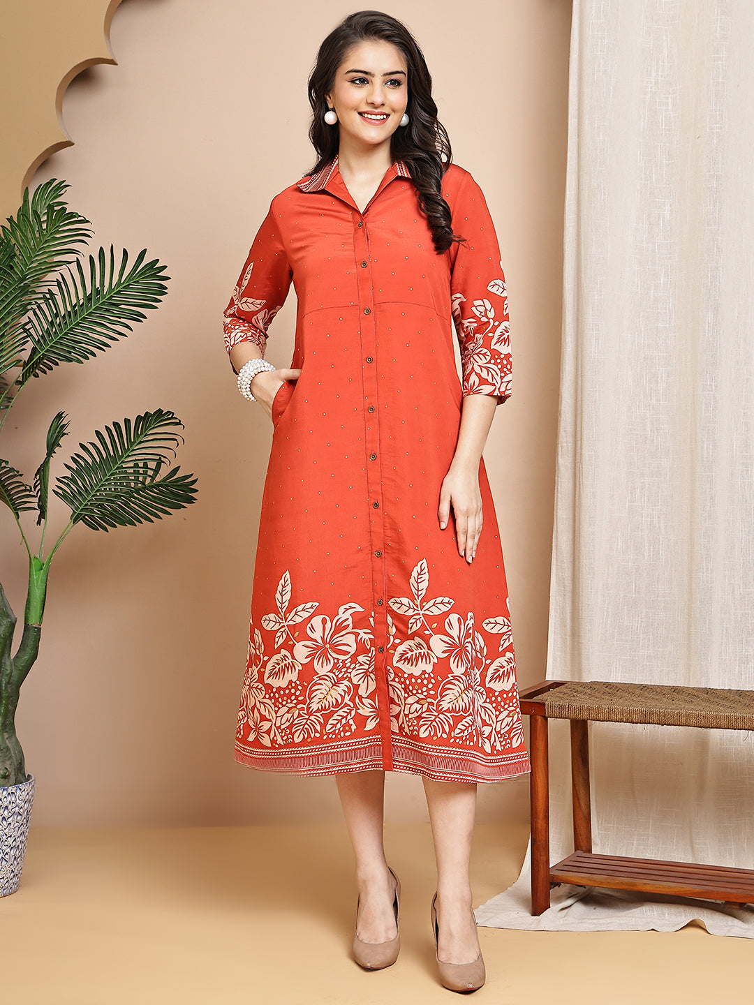 Orange Floral Printed Chanderi Premium Dress For Women