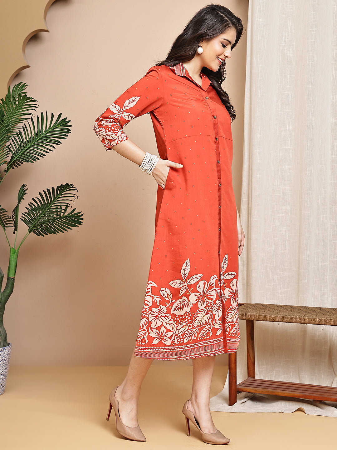 Orange Floral Printed Chanderi Premium Dress For Women