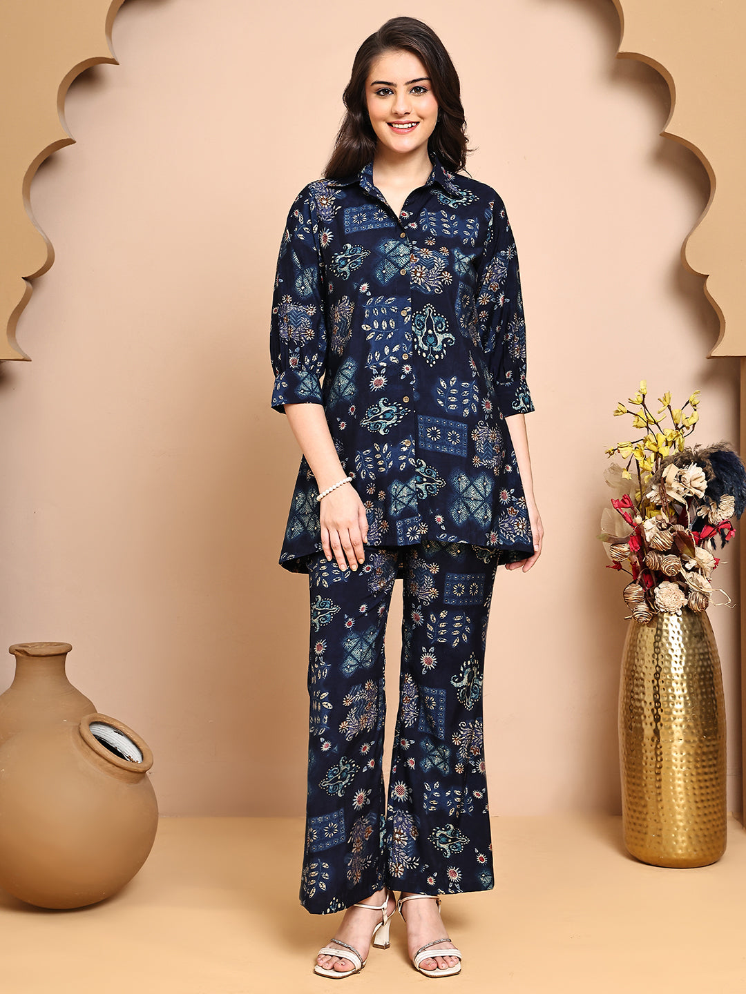 Woman wearing Navy Blue Abstract Printed Co-Ord Set