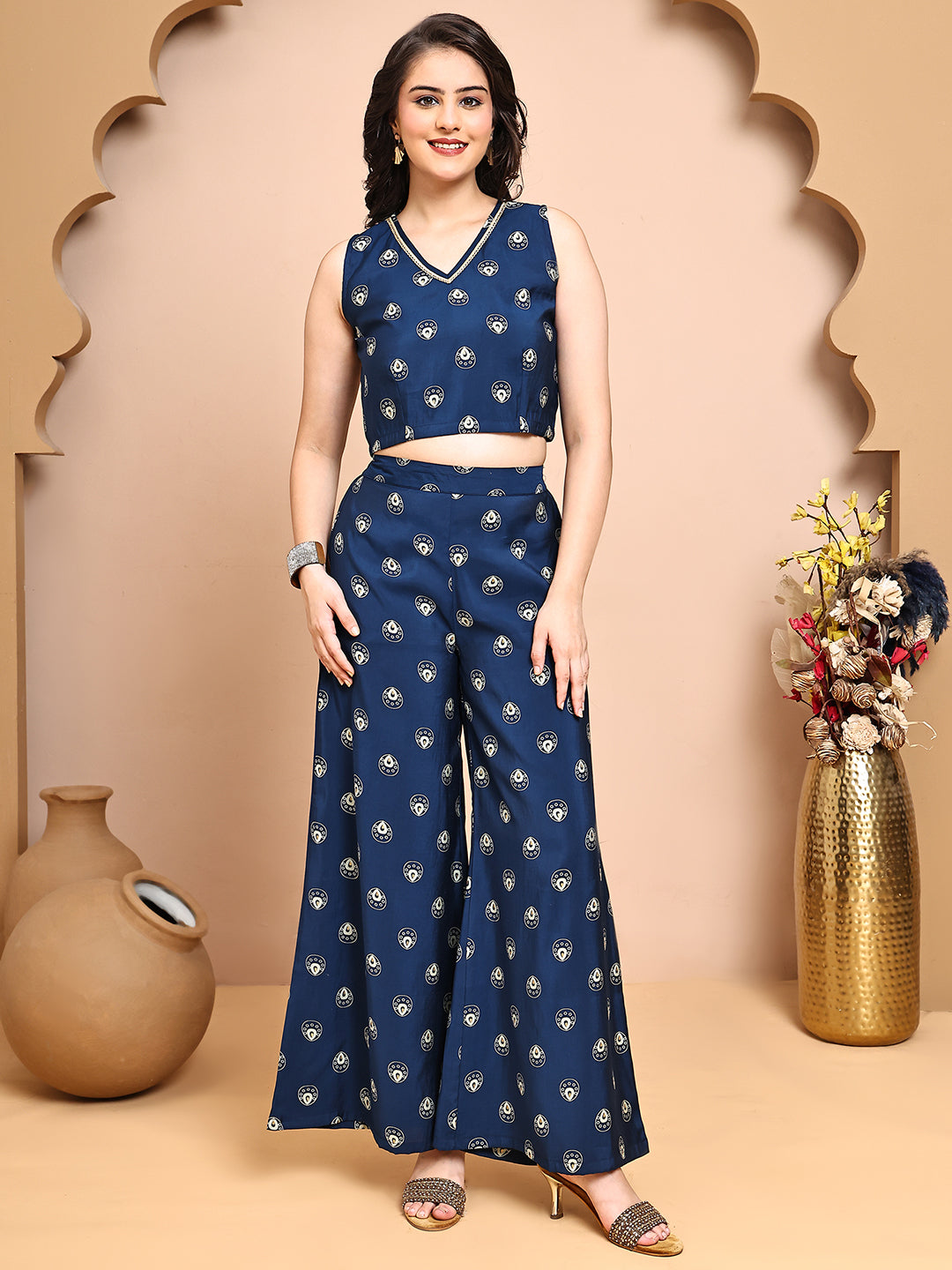 Blue 3-piece Co-Ord Set with Palazzo trousers & sleeveless top