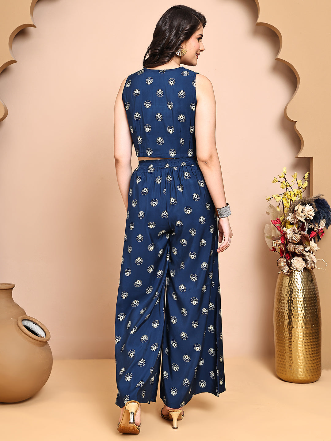 Back view of model styling blue ethnic co-ord outfit