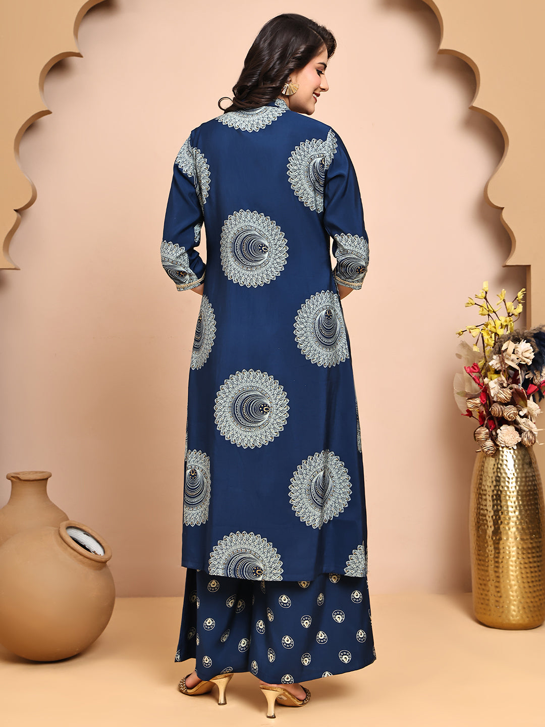 Back view of model styling blue ethnic co-ord outfit
