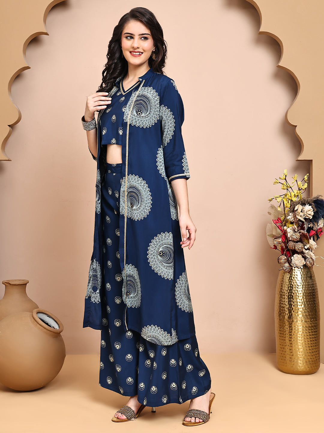 Blue 3-piece Co-Ord Set with Palazzo trousers & sleeveless top