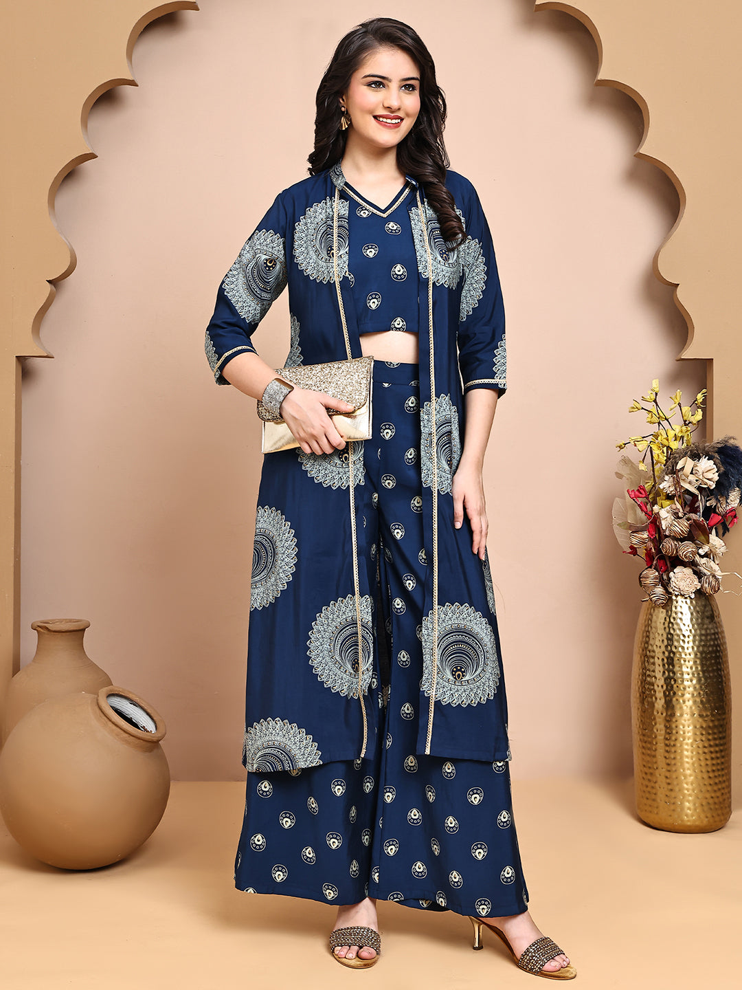 Model posing in Blue Ethnic Print Co-Ord Set outdoors