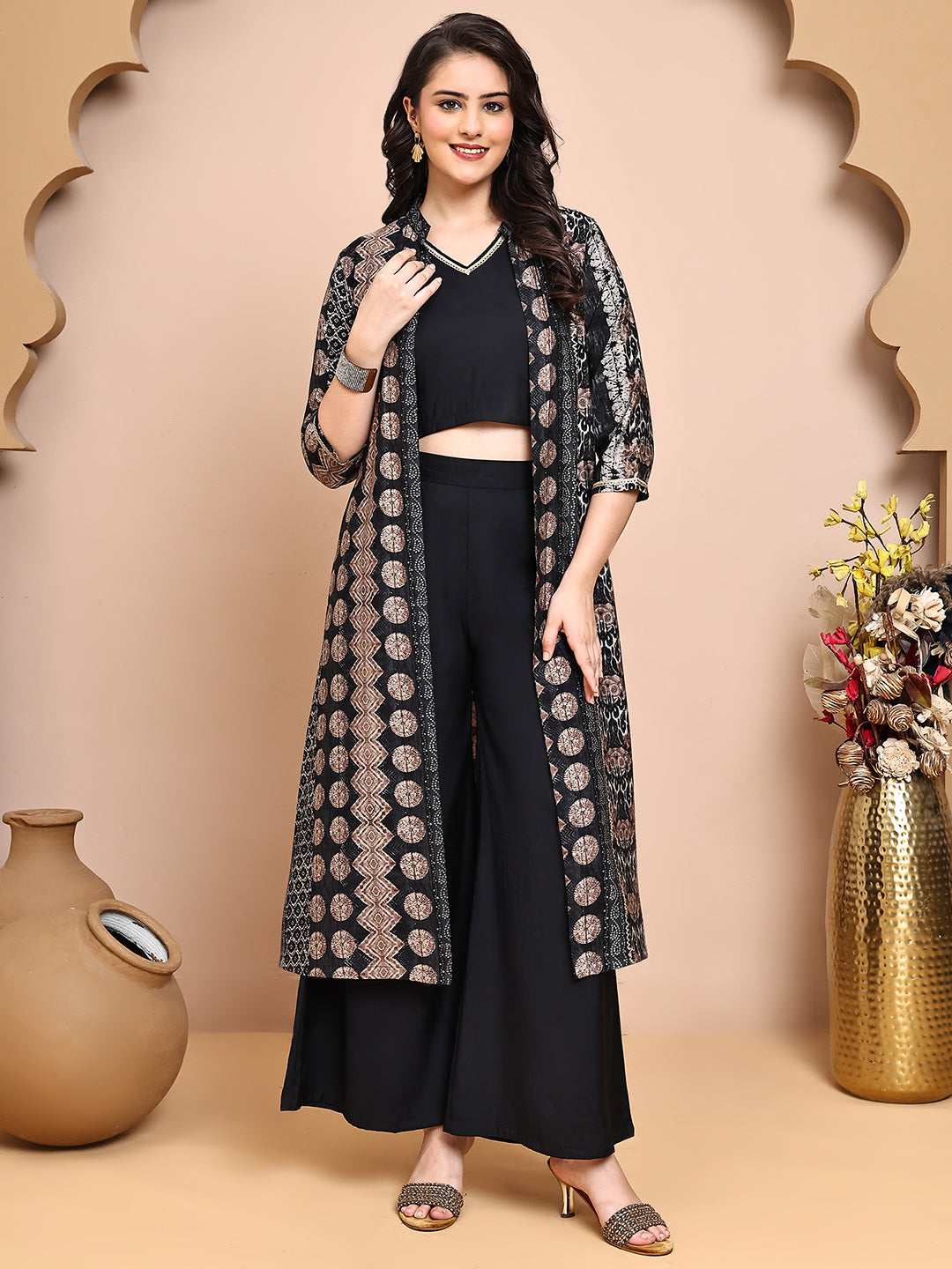 Woman wearing Black Ethnic Print Co-Ord Set 
