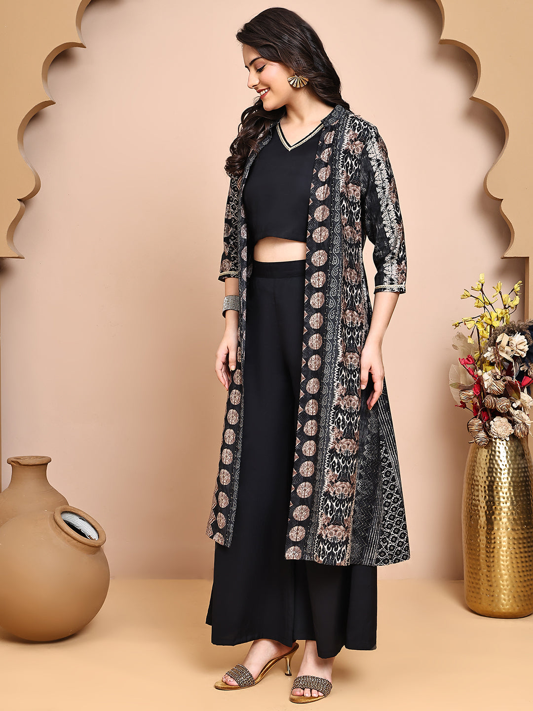 Black Co-Ord Set with Palazzo pants & Sleeveless V-neck top