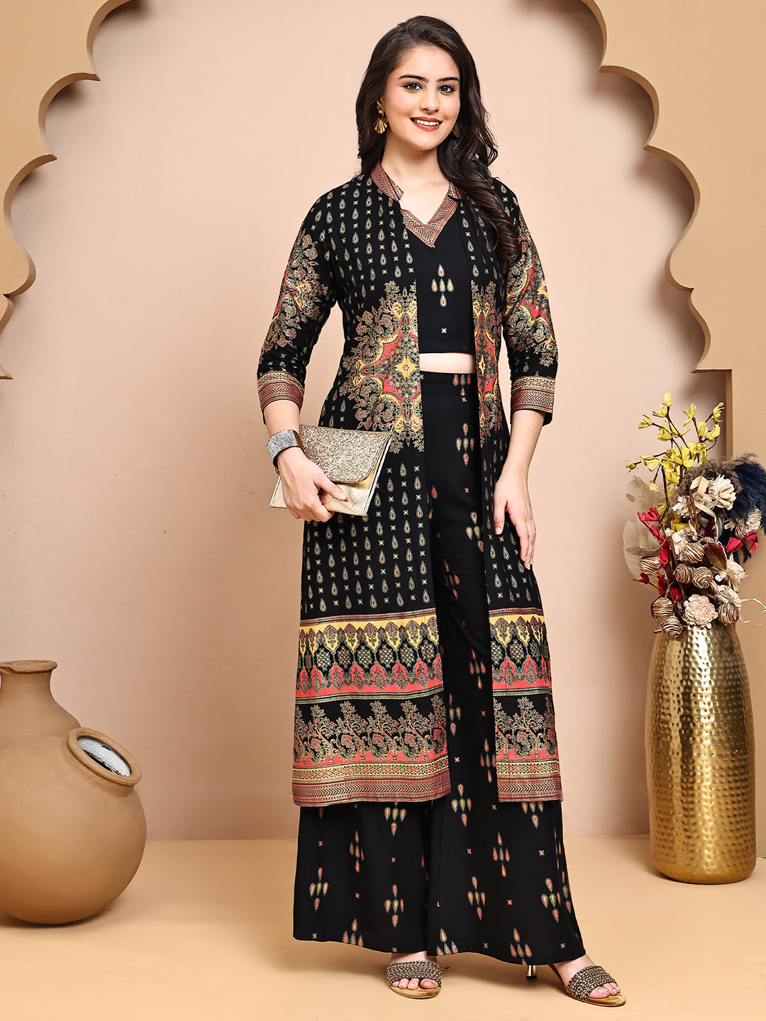Close-up of the ethnic print on the rayon jacket

