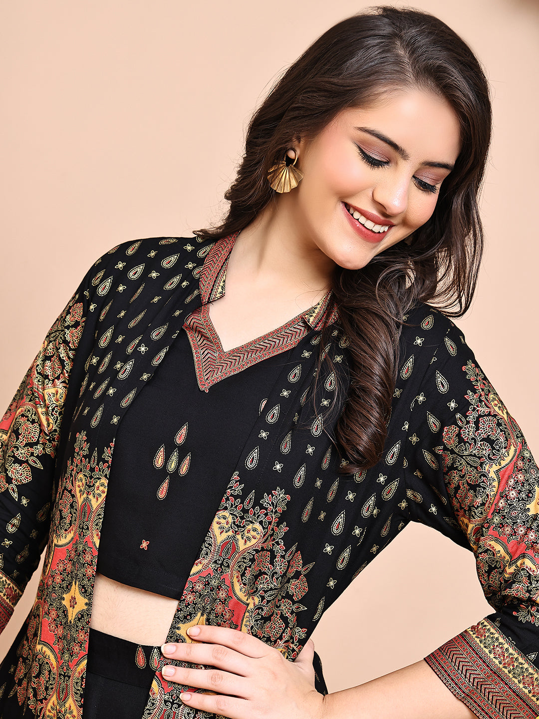 Close-up of the ethnic print on the rayon jacket

