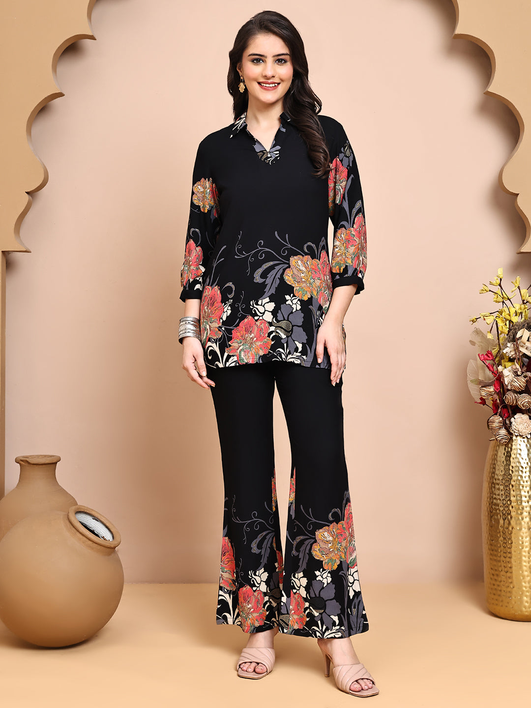 Woman wearing Black Floral Co-Ord Set