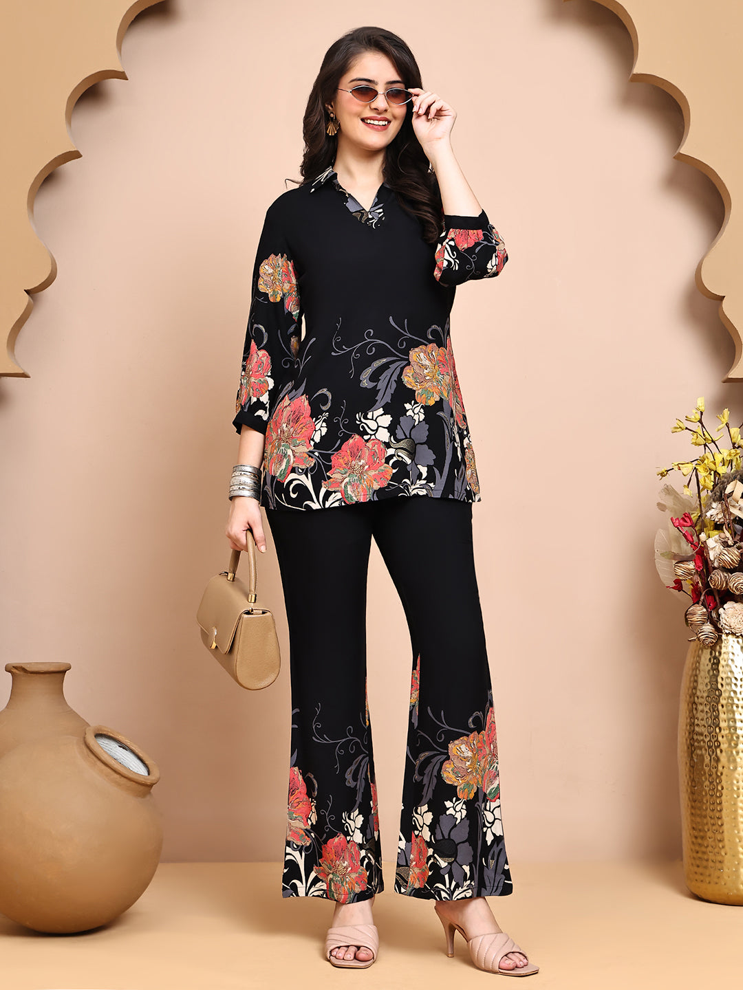 Black Floral Co-Ord Set with Palazzos & Shirt-Style Top