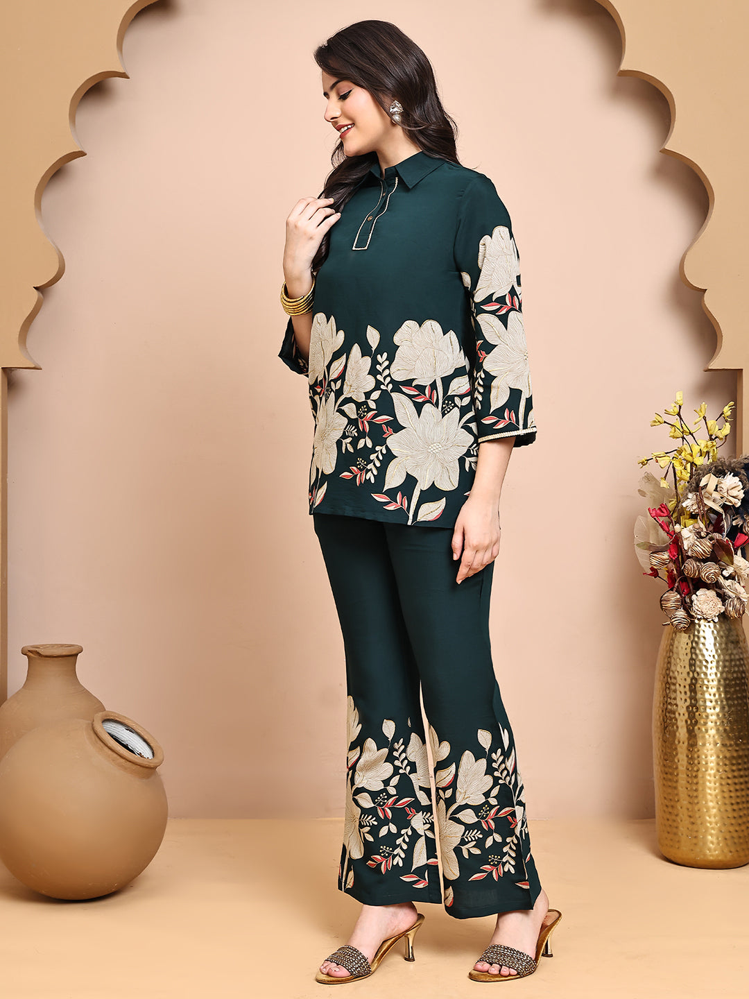 Model posing in stylish Green floral co-ord outfit