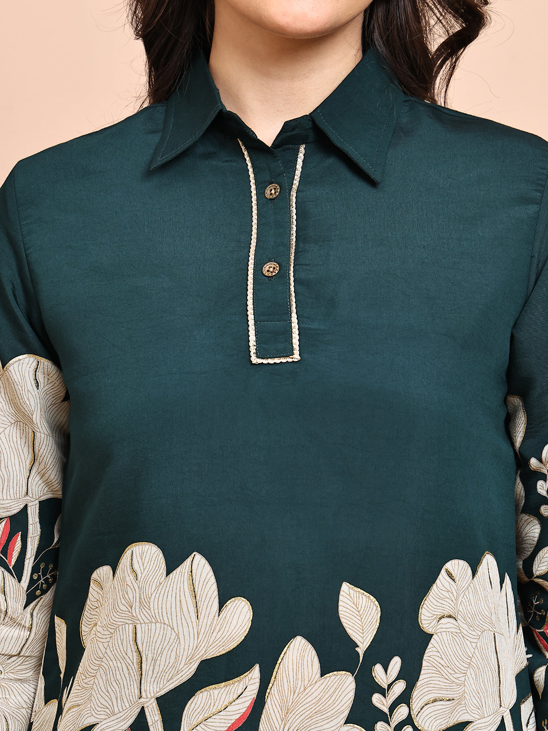 Close-up of Chanderi fabric on Deep Green Co-Ord Set