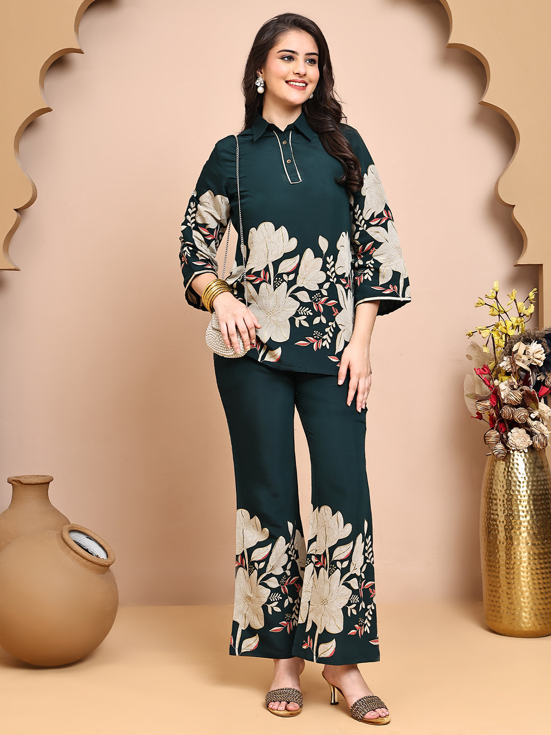 Model posing in stylish Green floral co-ord outfit