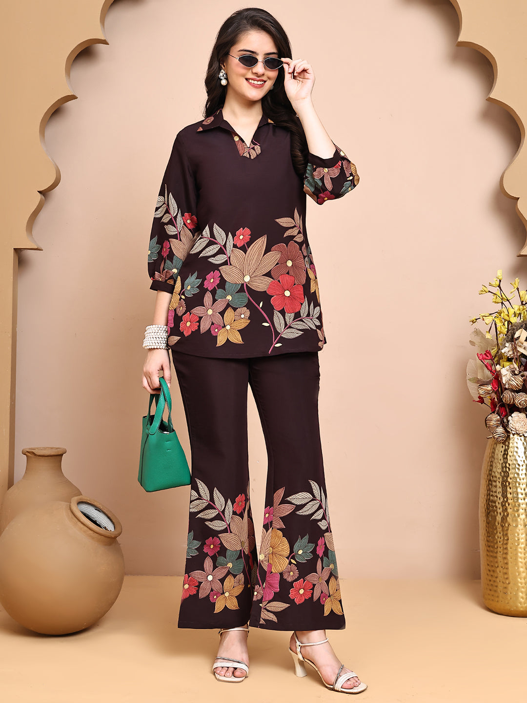 Close-up of multicolor floral print on Coffee Co-Ord Set