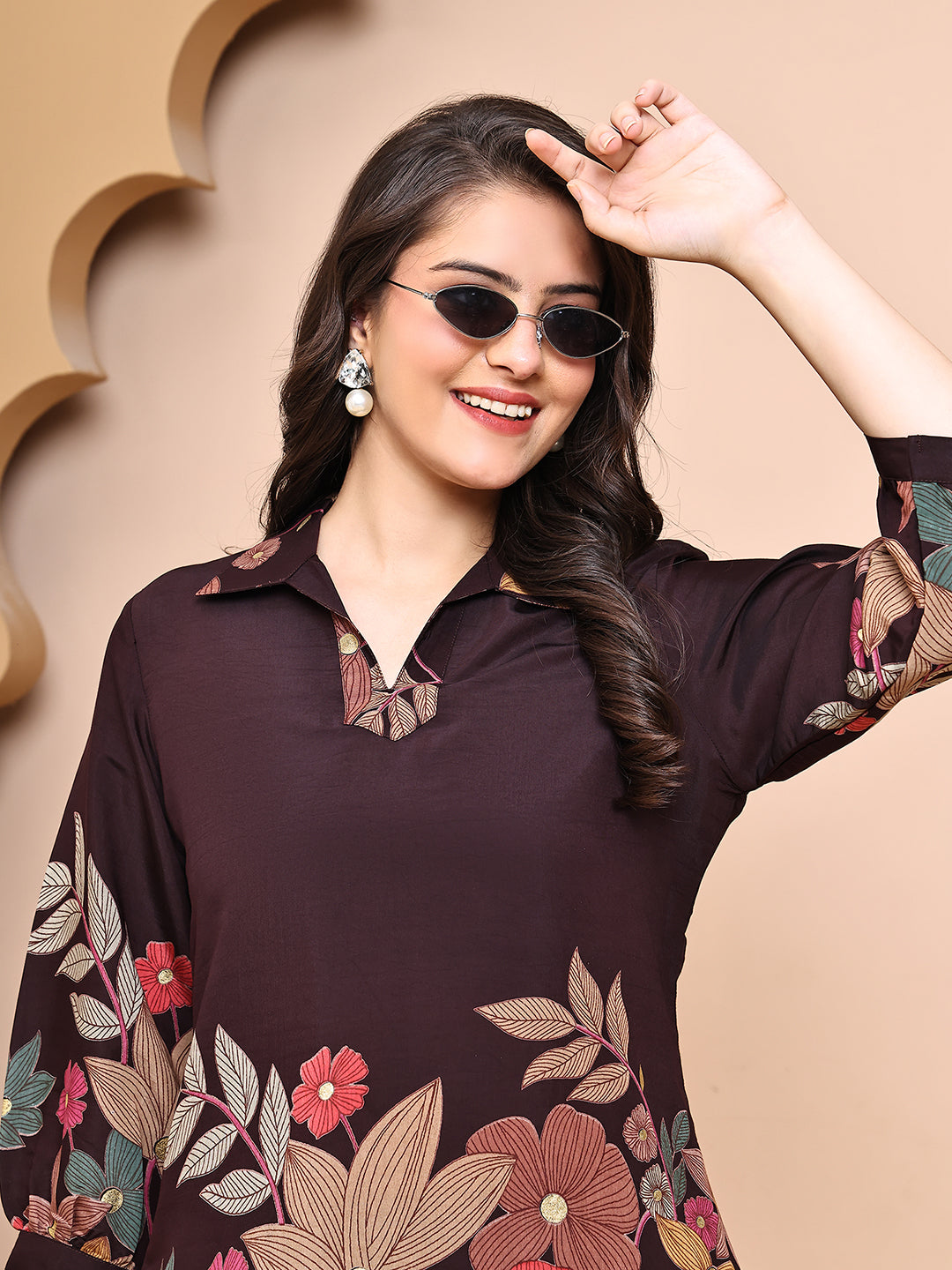 Coffee Co-Ord Set with Flared Pants & Collared Tunic Top