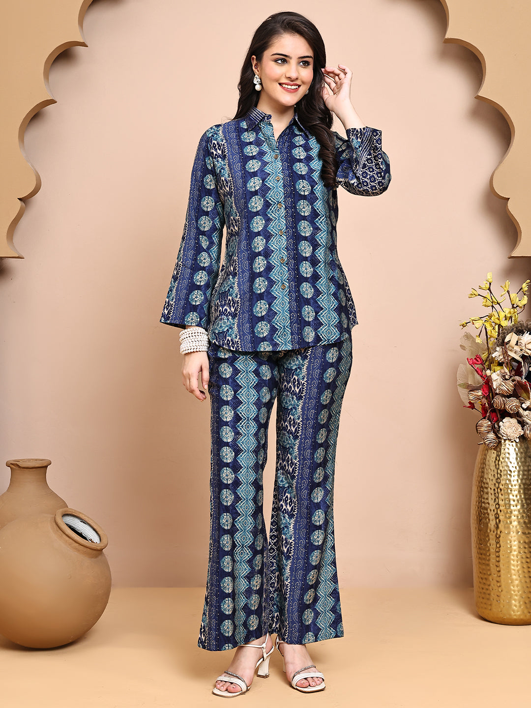 Close-up of Premium Chanderi fabric on Blue Co-Ord Set