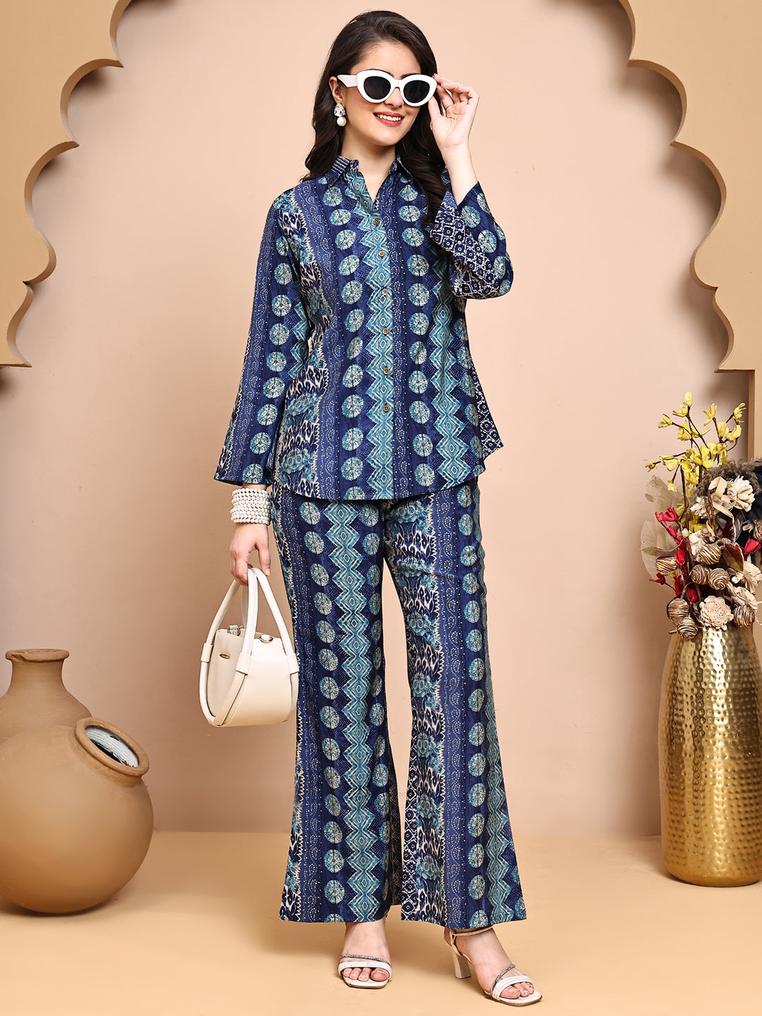 Woman wearing Navy Blue Abstract Co-Ord Set