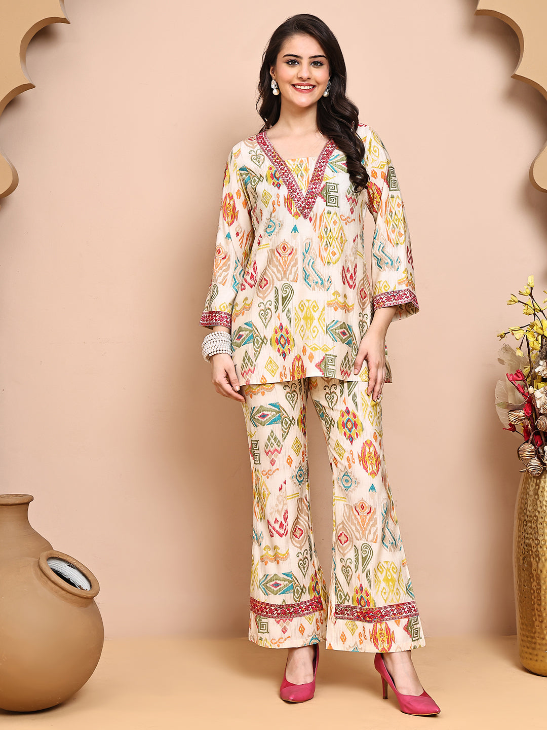 Woman wearing Multi-Color Abstract Co-Ord Set