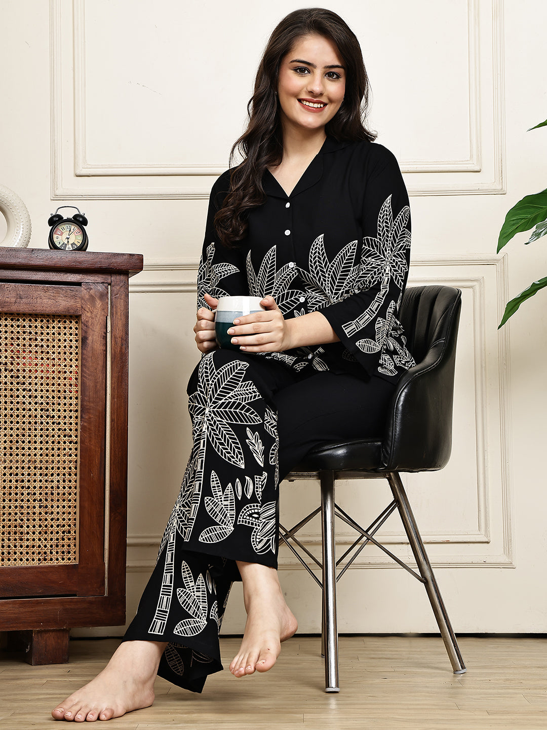 Close-up of the viscose rayon fabric on the black night suit
