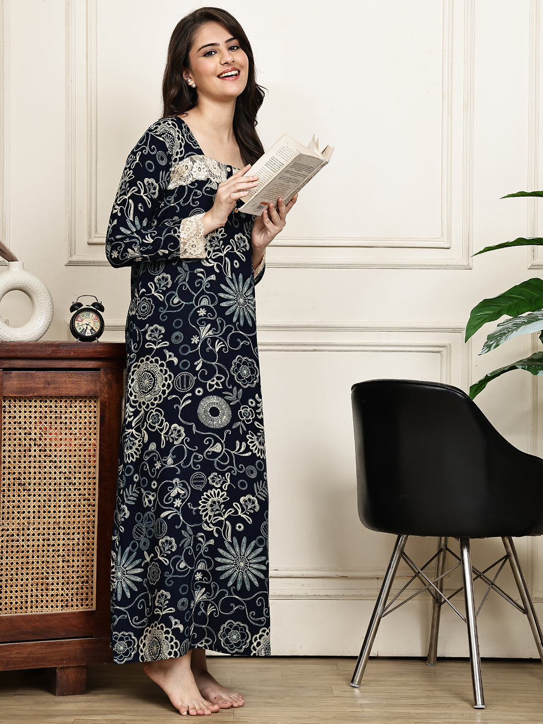 Navy Blue Colour Floral Printed Viscose Rayon Nighty For Women