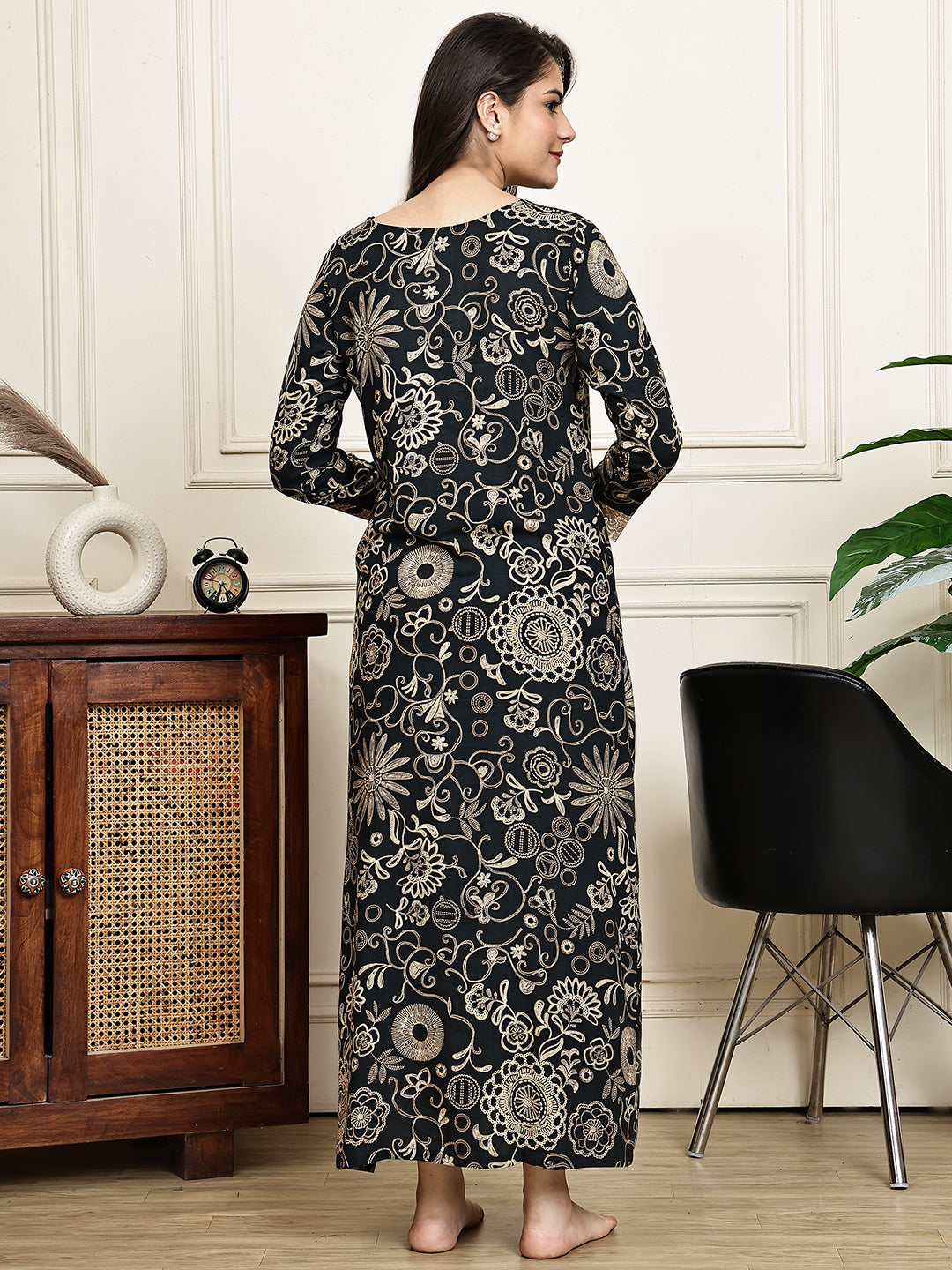 Black Colour Floral Printed Viscose Rayon Nighty For Women