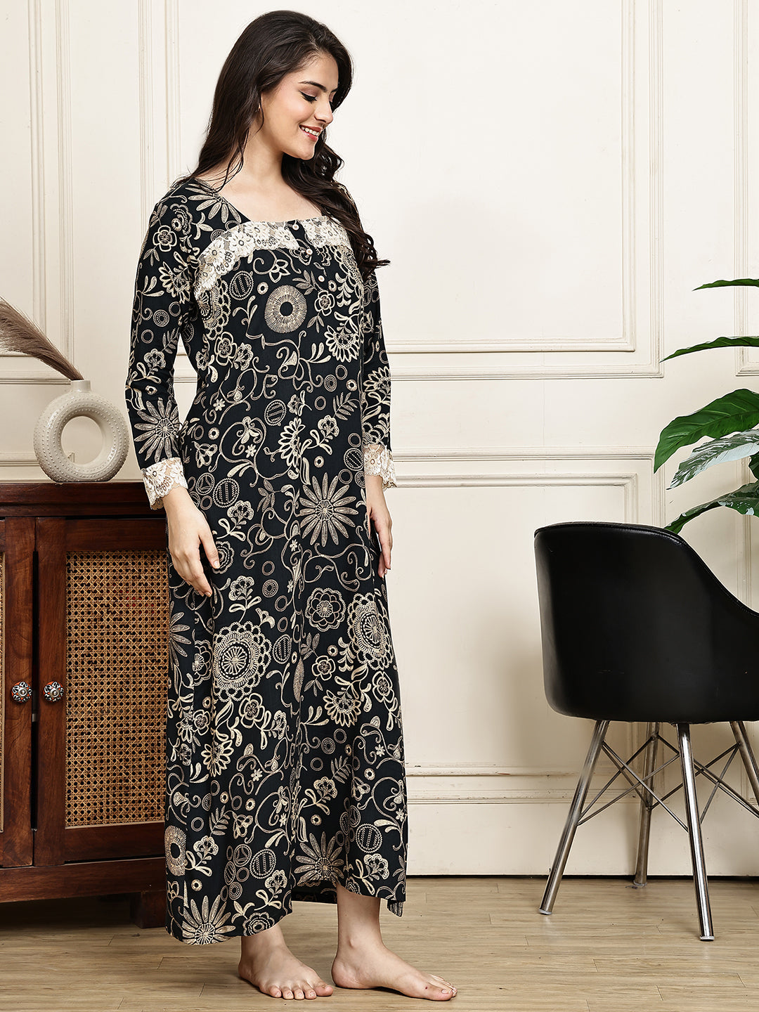 Black Colour Floral Printed Viscose Rayon Nighty For Women