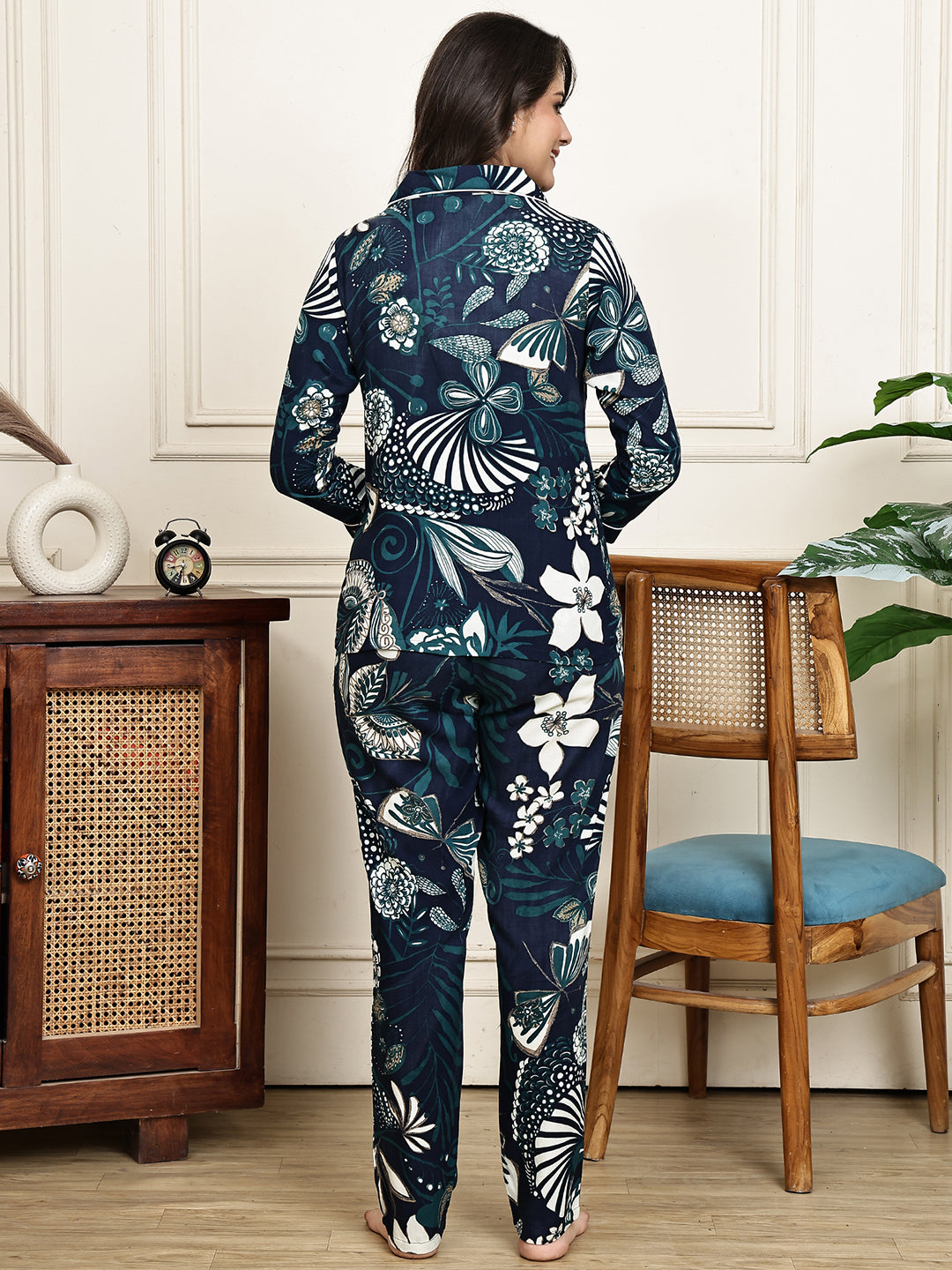 Back view of model in Navy Blue Printed Night Suit