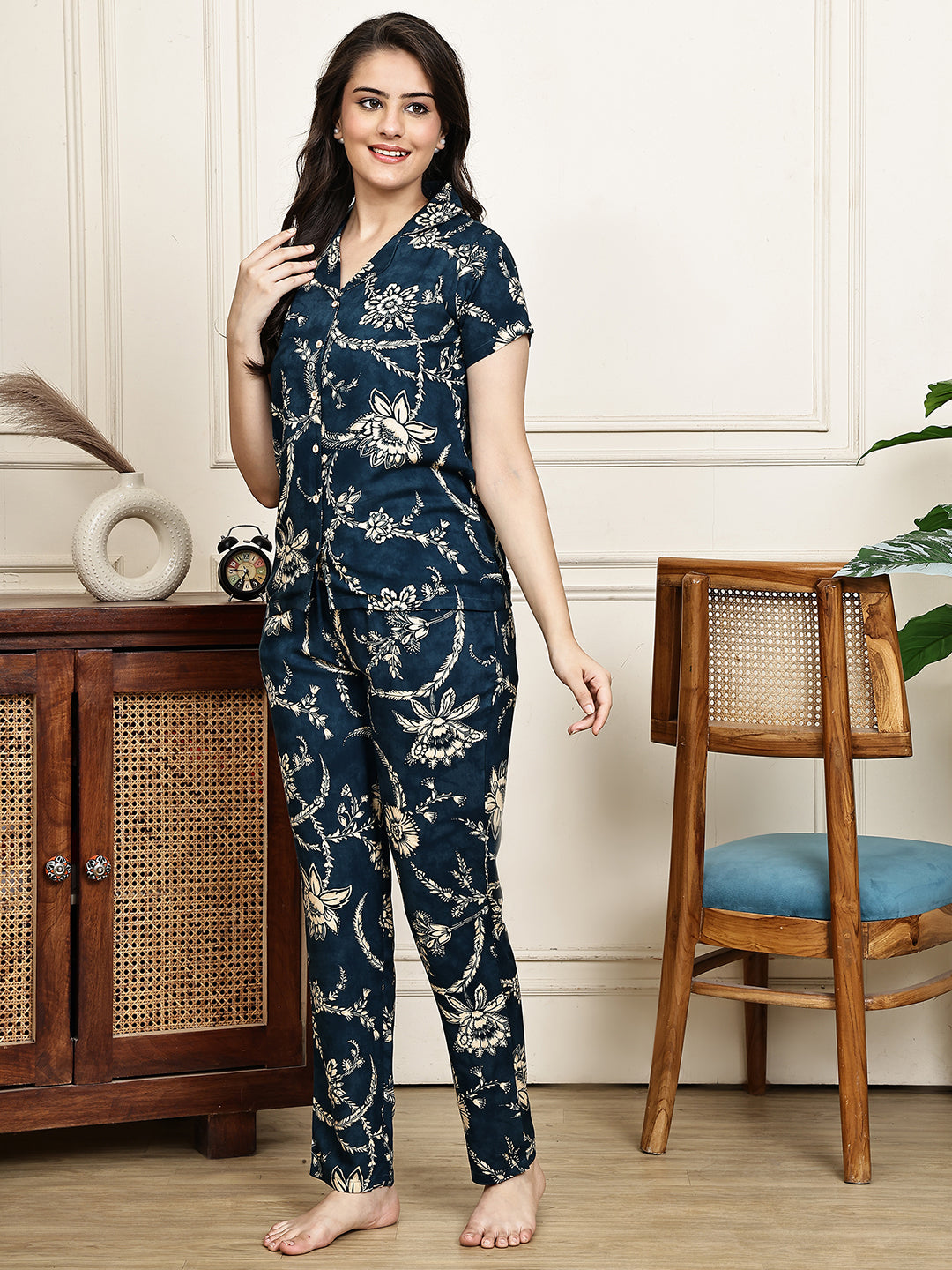 Navy Blue Viscose Floral Night Suit for Women | Claura