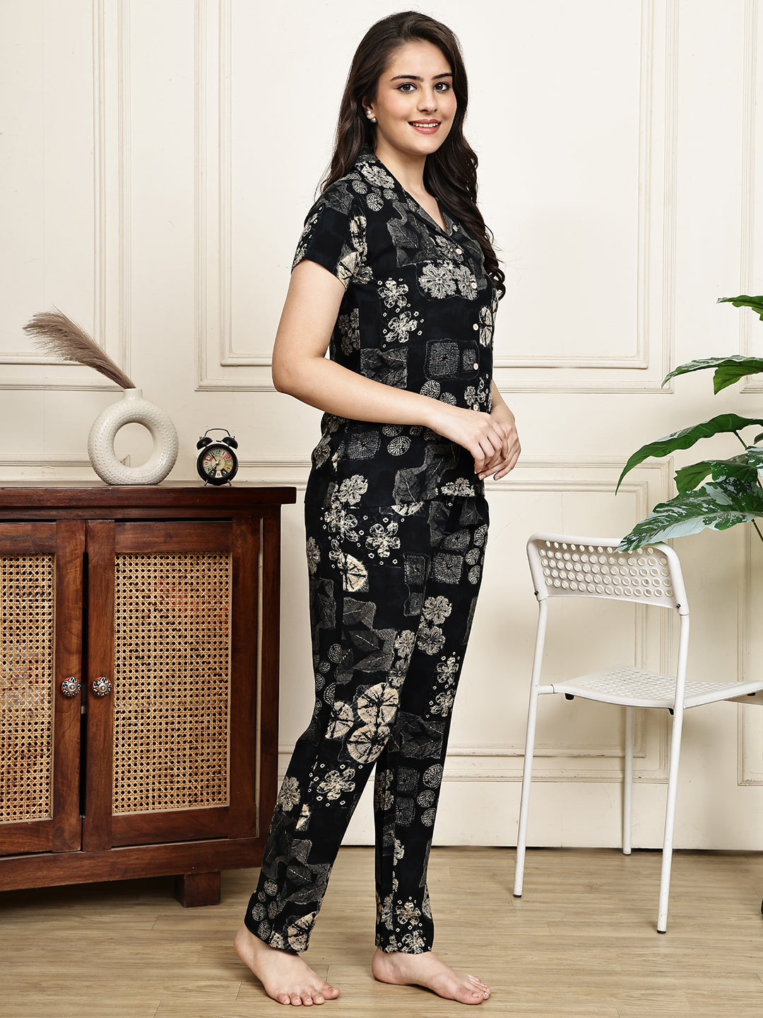 Black Abstract Print Rayon Night Suit for Women | Claura