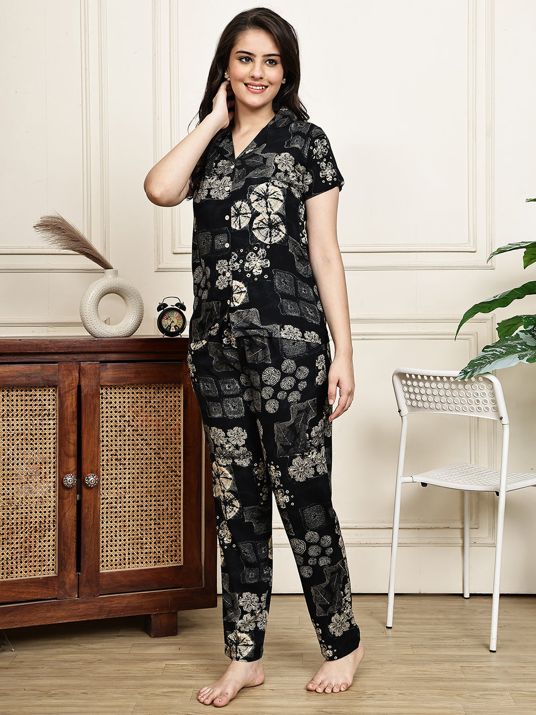 Black Abstract Print Rayon Night Suit for Women | Claura